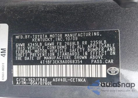 2010 Toyota Camry Le z USA, uszkodzony, nr VIN 4T1BF3EK9AU068354